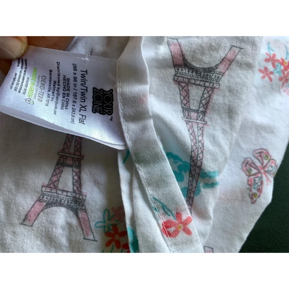 Your Zone Paris Eiffel Tower Butterfly Twin XL Cotton Sheet Set White Pink‎ Teal